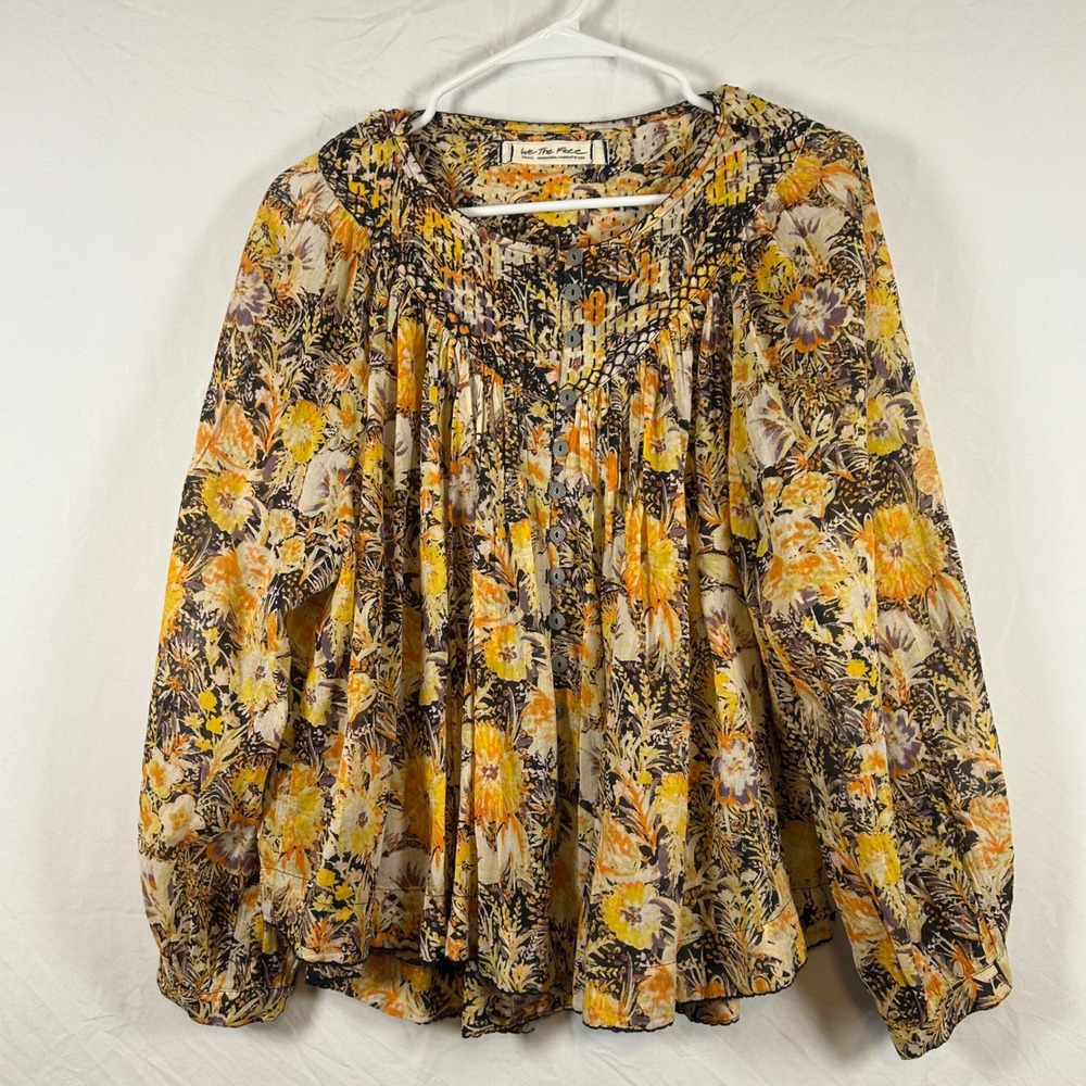 We The Free Free People Yellow Floral Smocked Crochet Button Front Blouse Small